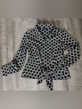 Jones New York Navy & Cream Patterned button-down Tie-Front Blouse, S